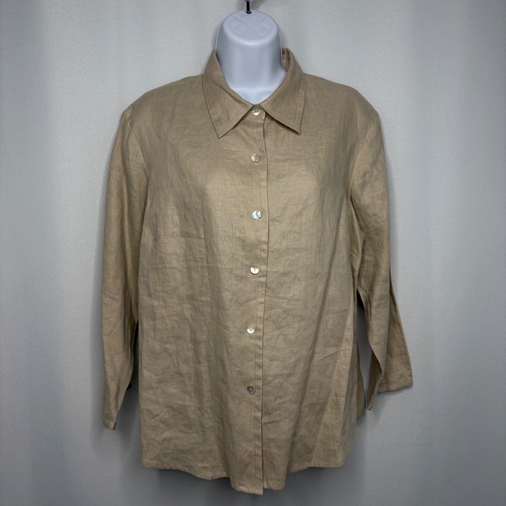 Jillian Jones Womens Beige 100% Linen Button Down Shirt Long Sleeve Size L W970